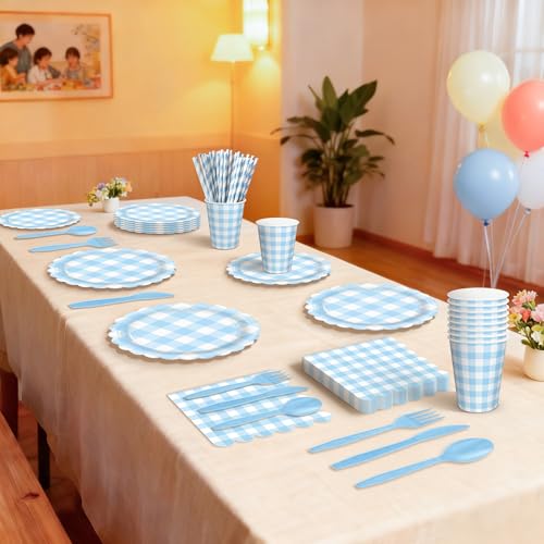 AWLZJZQA 192 PCS Gingham Party Supplies Serve 24 Guests Gingham Plates and Napkins and Cups for Birthday Decorations Baby Shower Checkered Party Supplies Dinnerware Sets for Girl Boy Light Blue by AWLZJZQA - Image 4