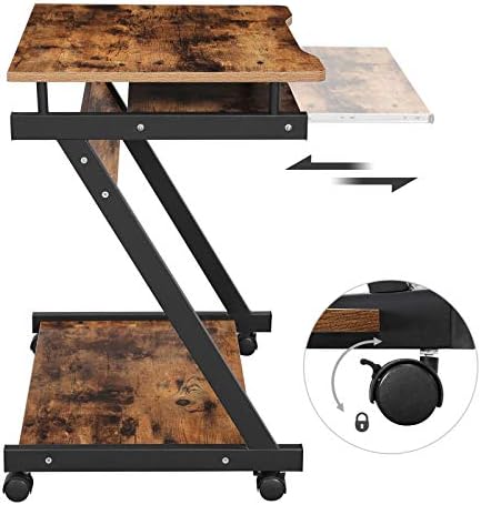 SONGMICS Z Shape Computer, Compact Office Desk, Easy Assembly, Wheels with Brakes, Alloy Steel, Vintage Brown, 60 x 48 x 73 cm