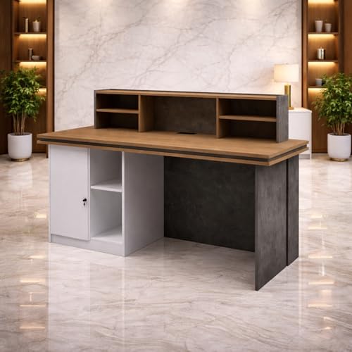 Image of Modern Reception Desk for Office, Hotel, Salon, Clinic, Spa & Commercial Lobby | Luxury Stone Finish Front Reception Counter Table with Workspace Area - (RCT-003 LPB L6W2)