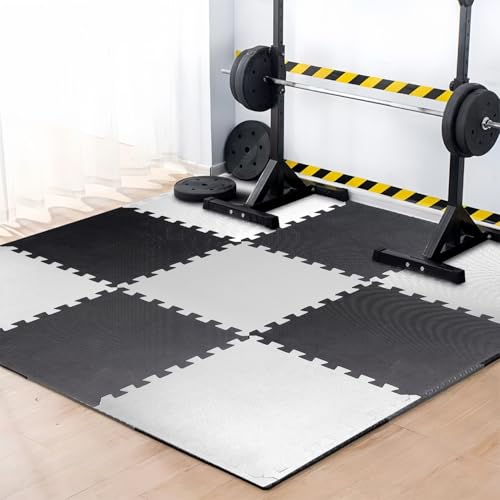 Image of EASY HOME Gym Mats for Floor for Home and Living Room, Interlocking Rubber Floor Gym Mat for Exercise, Super Absorbent EVA Foam Mat- 60x60cm - 25mm Thickness, Black & Grey (8 Tiles - 32Sqft)