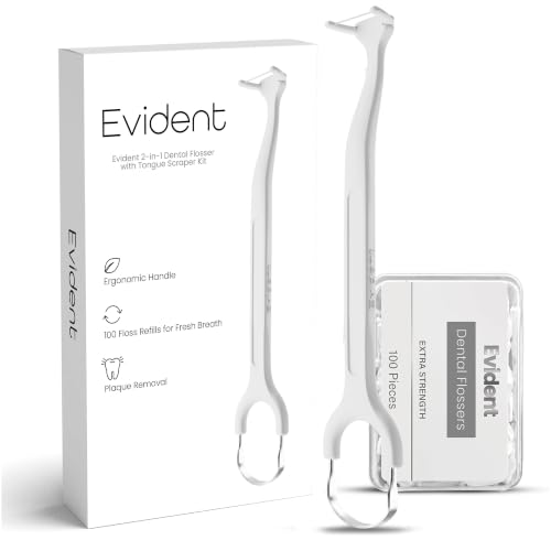 Evident Dental Flosser with Tongue Scraper – 2-in-1 Dental Flosser Kit with 100 Floss Refills – Long Ergonomic Handle for Plaque Removal & Fresh Breath (White)