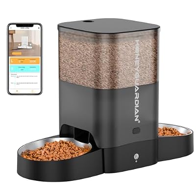 HoneyGuaridan Automatic Cat Feeder for 2 Cats, 2.4/5G WiFi Smart Feed Pet Feeder with Stainless Steel Bowl,APP Control Dispenser, Dual Power Supply,Desiccant Bag,10s Meal Call Black