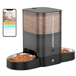 HoneyGuaridan 3.5L Automatic Cat Feeder for Two Cats, 2.4G WiFi Enabled Smart Feed Pet Feeder with Stainless Steel Bowl,APP Control Dispenser, Dual Power Supply,Desiccant Bag,10s Meal Call Black