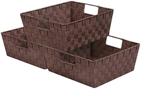 Sorbus Woven Basket Bin Set - Shelf Storage Tote Baskets for Household Items - Stackable with Woven Straps & Built-in Carry Handles (Chocolate)