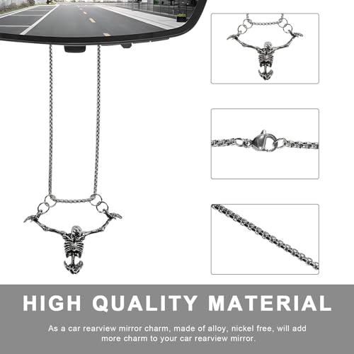 NYTKL Punk Skeleton Skull Necklace, Rear View Mirror Charm Skull Car Hanging Ornament, Cool Gothic Skeleton Mirror Pendant with Metal Chain, Interior Decoration for Car Home Office