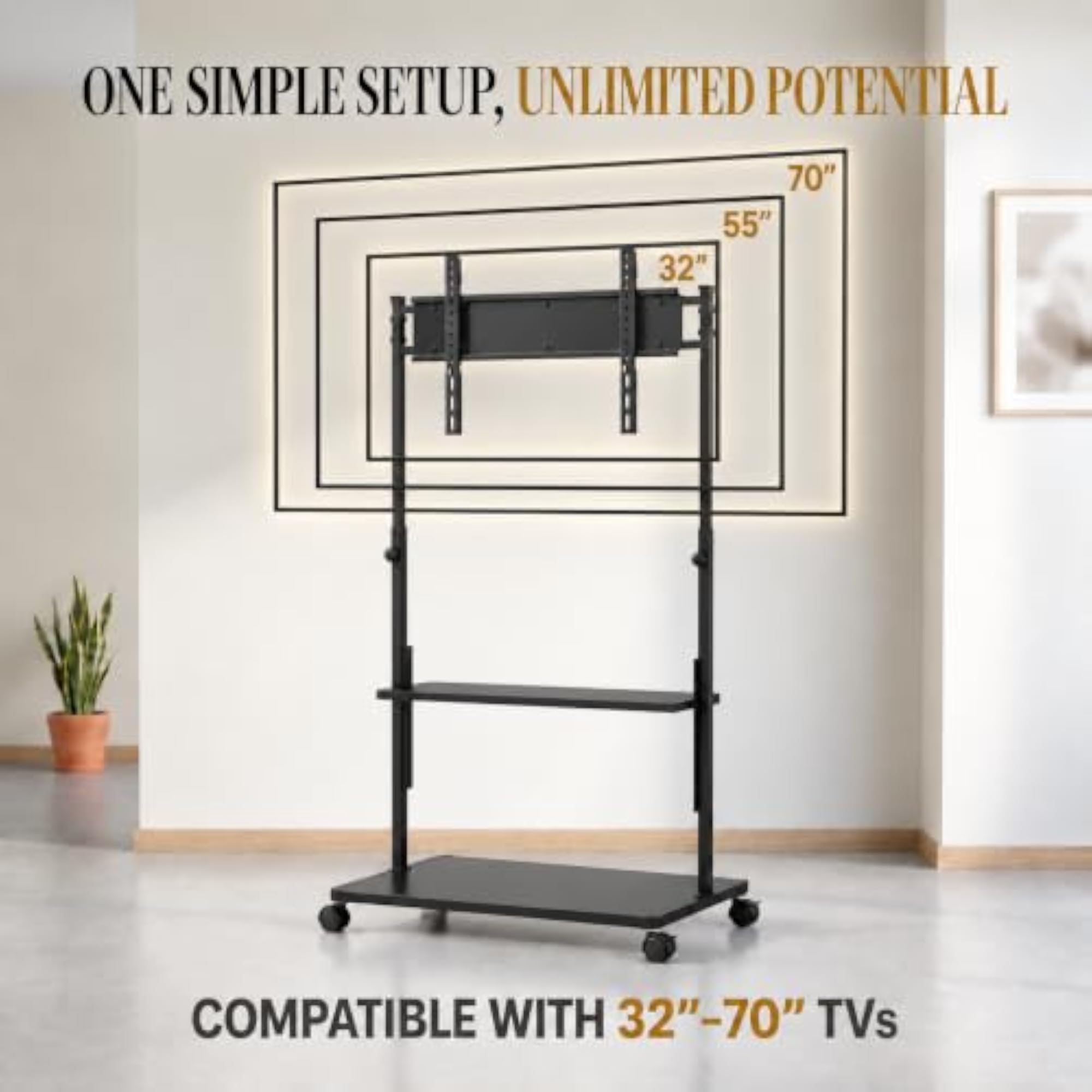 Movable Metal TV Stand with Wheels, Portable Trolley
