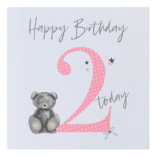 Handmade 2nd Birthday Card for Girl - Age 2 Birthday Card Teddy Bear theme - Pink and Brown - Size 15 x 15cm Blank inside