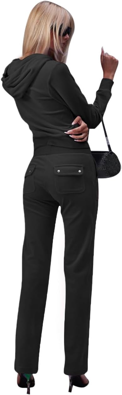 yidengymx Two Piece Velvet Hooded Outfits for Women, Womens 2 Piece Velour Tracksuit Zip Up Sweatsuit with Cargo Pockets - Image 6