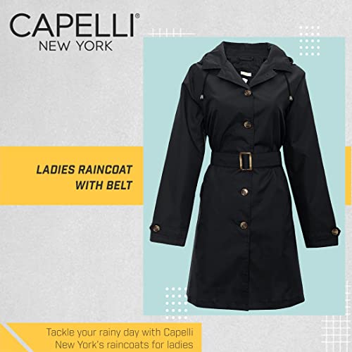 Capelli New York Ladies Trench Rain Coat, Mid Length Trench Coat With Belt, Black, Large #TOP2