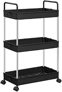 SONGMICS Wózek kuchenny na kółkach z 3 poziomami, uchwyty, regał kuchenny, 40 x 22 x 67 cm, czarny, KSC019B01
