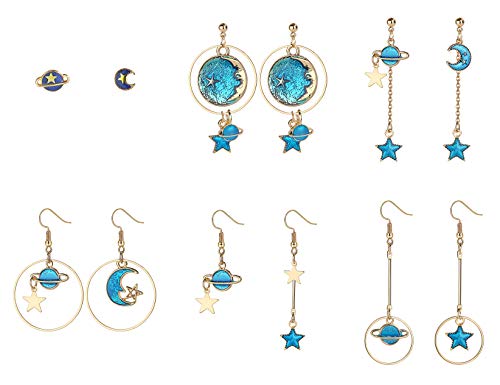 Finrezio 6Pairs Moon and Star Earth Planet Drop Asymmetric Earrings Long Pendant Dangle Jewelry for Woman Girls