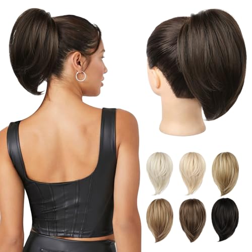 REECHO Ponytail Extension, kurzer glatter Ponytail Extension, Haarkrallen Dutt Haarteil unordentlicher Dutt natürliches Kunsthaar falscher Pferdeschwanz Haarverlängerung für Damen - Schokoladenbraun