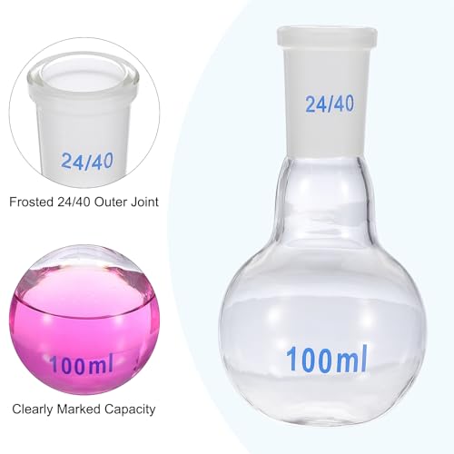 PATIKIL 100ml Boiling Flask, 3.3 Borosilicate Glass Single Neck Flat Bottom Flask Heavy Wall with 24/40 Standard Taper Outer Joint for Laboratory, Clear