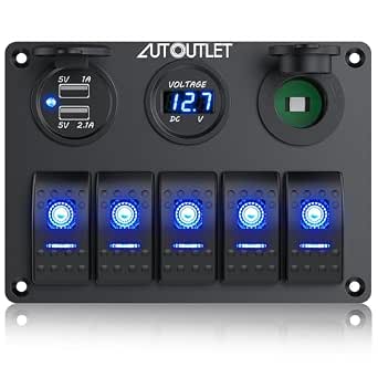 AUTOUTLET Rectangular 5-Way Switch Panel with USB Ports, LED Indicator