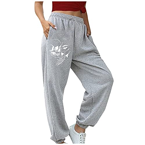 ZGRZ6DDFQ Women's Pants Loose Casual Elastic Drawstring Skeleton Skull Printed Solid Jogger Pants Sports Pant Utility Trouser Gray