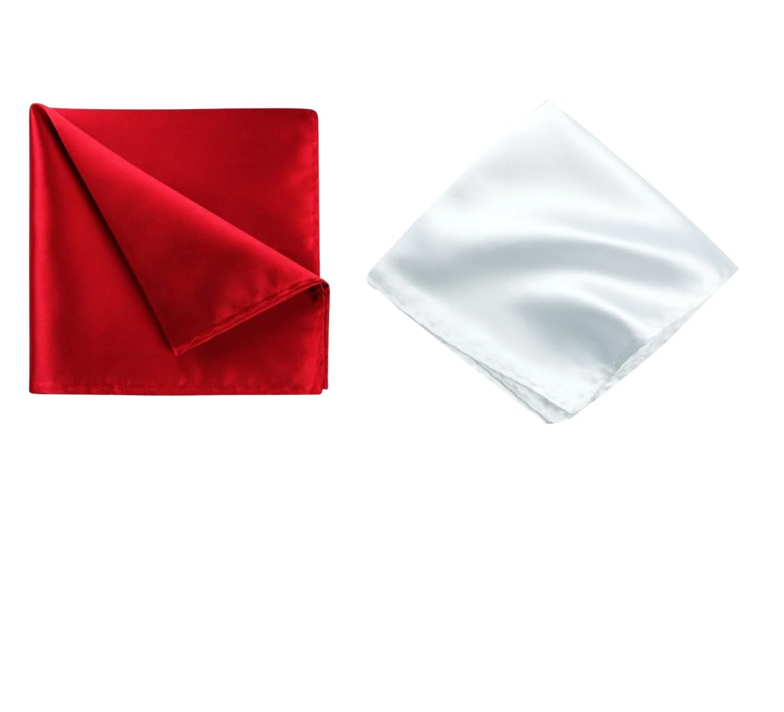 Men's Satin Pocket Square Set – Red & White (Pack of 2) | 10x10 inch Satin Handkerchief for Suit, Blazer & Tuxedo