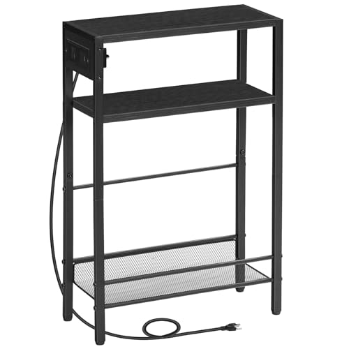 Image of HOOBRO Small Narrow Side Table with Charging Station, Skinny End Table for Small Spaces, Slim Nightstand with USB Ports Outlet, Sofa Beside Table with Storage Shelf, Black BB102UBZ01