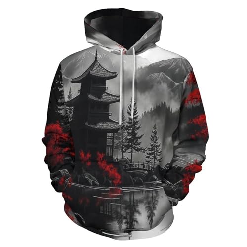 Sweat à capuche imprimé 3D architecture japonaise pull manches longues motif pavillon au design cool
