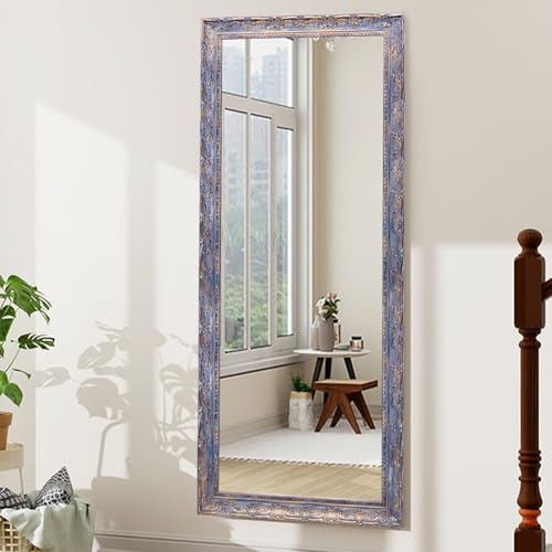 Image of Rectangular Shape 5.25 Feet Full-Length PVC Wooden Frame Wall Hanging Mirror with 5 MM Glass| Floor Wall Leaning Home Decor Mounted Mirror for Bedroom Living-Room - Antique Blue
