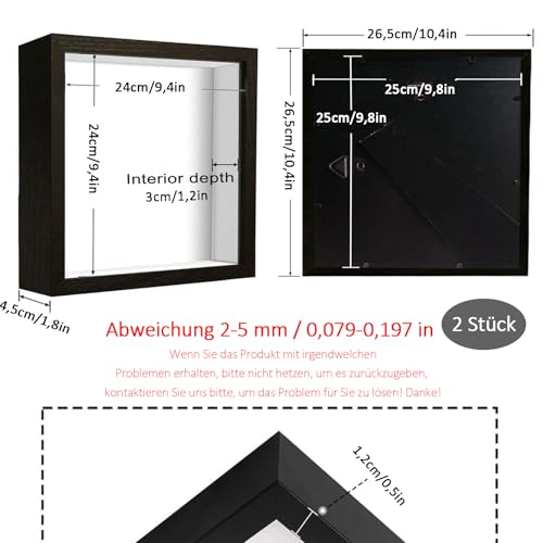 2 Stück Bilderrahmen zum Befüllen, Tiefer Bilderrahmen zum Befüllen 25 x 25 cm, mit Transparente Acrylplatte, 3D Objektrahmen Tiefer 3cm, Tiefer Rahmen Hölzern, für DIY Kunstwerke, Schwarz
