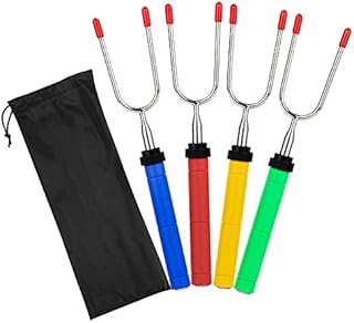 BOPU BBQ Marshmallow Roasting Sticks Stainless Steel Forks Set Extendable Rotating 34 Inch U Shape Hot Dog Roasting Sticks with Plastic Handle, Fire Pit Camping Barbecue Campfire Accessories (4 Packs)