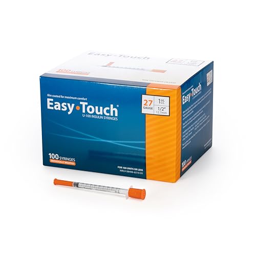 Image of Easy Touch Individually Wrapped 27 Gauge U-100 Insulin Syringes (27G 1cc 1 /2 inch) with 1 /2 inch Long Needle, 1cc (100 Unit Capacity), Bold Markings for Accurate Dosing, Disposable, Box of 100