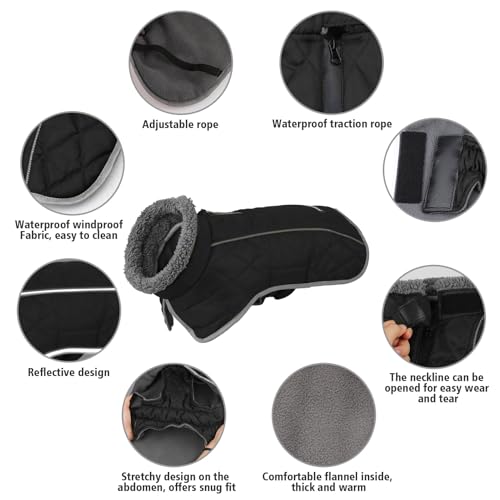 Image of Fragralley Dog Coat Large, Waterproof Dog Jacket with Warm Fleece Lining, Adjustable Reflective Dogs Winter Coat, Turtleneck Pet Coats for Cold Weather (Black XL)