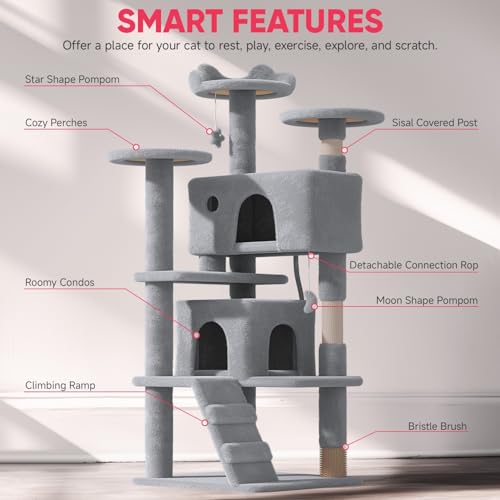 Torre para gatos 54 pulgadas con 2 condominios y 3 rascadores miniatura 3