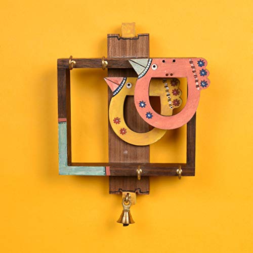 Image of AAKRITI ART CREATIONS Key Holder, Handcrafted Birds Design Key Hanger | Rustic Rose Wood Wall Organizer with 4 Hooks | New Home Gifts | Multifunctional Entryway Decor Item