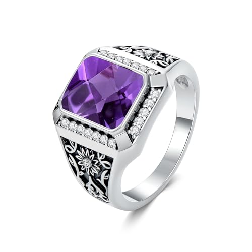 Amethyst Vintage Man Ring 925 Sterling Silver Square Purple Amethyst with Moissanite Retro Thumb Pinky Ring for Man