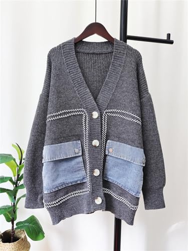 Women's Cable Knit Open Front Cardigans Trendy Cardigan Sweaters with Denim Pockets4