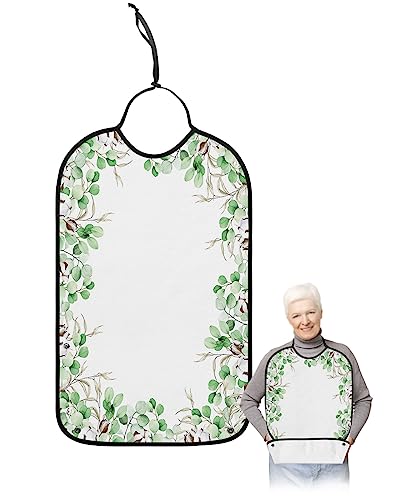 Spring Summer Eucalyptus Leaves Adult Bib for Eating with Crumb Catcher,Washable & Waterproof Terry Cloth Adjustable Elderly Women Men Bibs Funny Clothing Protector Green Botanical Watercolor Leaf