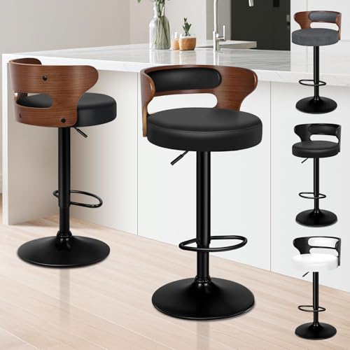 Image of ALFORDSON Bar Stools Set of 2, Comfy Barstools PU Leather, 360° Swivel Wooden Kitchen Chair with Backrest and Footrest, for Dining Room Pub Bar Countertop, Ramiro Series, Black