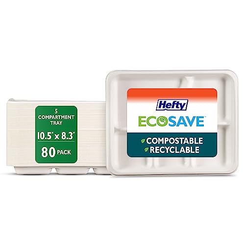 Hefty™ ECOSAVE Compostable Disposable 5-Compartment Paper Plates Dinner Tray 10.5" x 8.3", 80 Count, White, Divided Plate so sauces and Foods Stay Where You Want Them to by Hefty - Used condition - CA$23.46