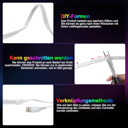 Kangtaixin Neon Ruban LED 1m, RGB Bande LED avec Contrôle APP Contrôle, Flexible Étanche Découpable Synchronisation Musicale Bandeau Lumineuse Led pour Intérieur Déco Maison – vue 2