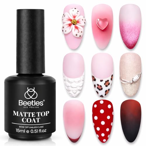 Beetles Matte Gel Top Coat for Gel Nail Polish,15ML Chrome Proof Matte Top Coat No Wipe Powder-Resist Matte Finish for Detail Chrome Powder Painting and Long Lasting Fall Nail Gifts for Women