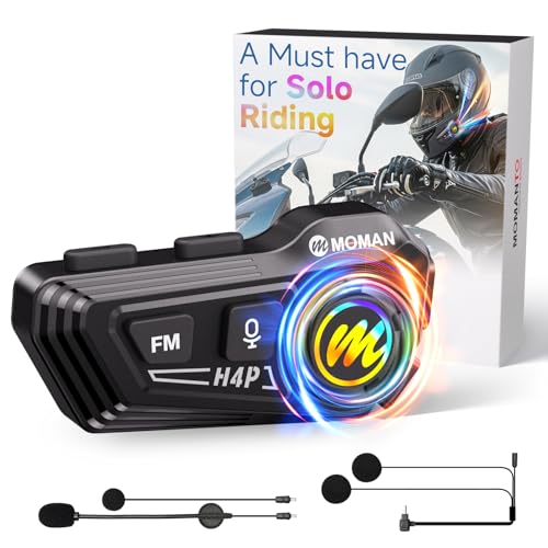 Moman Motorcycle Helmet Speakers-1000mAh Strong Battery, RS-H4P Motorbike Helmet Headset Dual Noise Reduction with Hi-Fi Soft/Hard Mic/IPX6/RGB/FM/Music Control/AI Voice/Headphone for Solo Riding