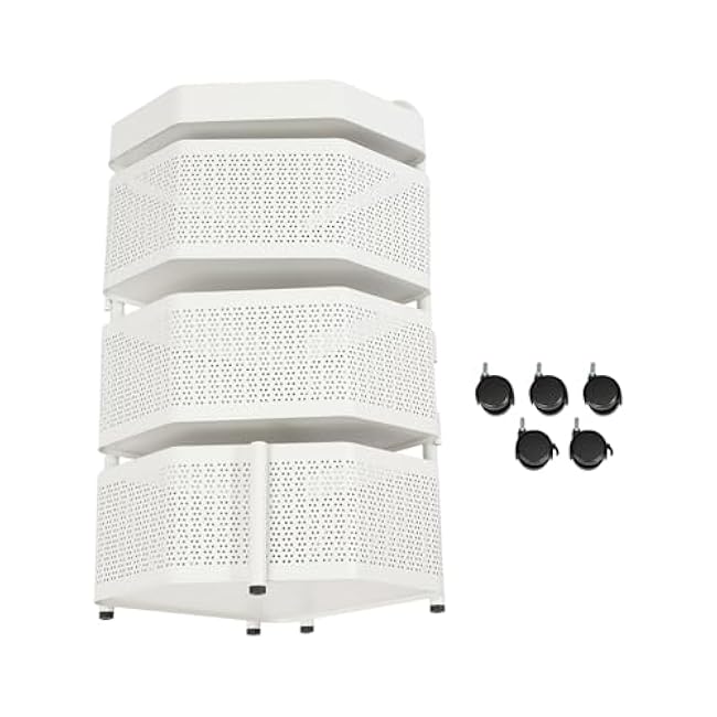 3-Tier Rotating Storage Shelf with Removable Baskets, 360¡ã Spinning Organizer Rack with 5 Wheels & Handles, Black Corner Shelf for Kitchen Bathroom, Easy Assembly (White, 3-Tier)-aHvZS8Mp