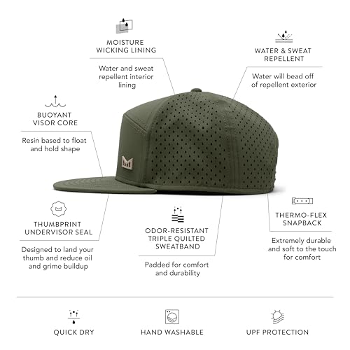 Image of melin Trenches Icon Hydro, Performance Snapback Hat, Water-Resistant Flat Bill Caps for Men & Women, Golf, Running or Workout
