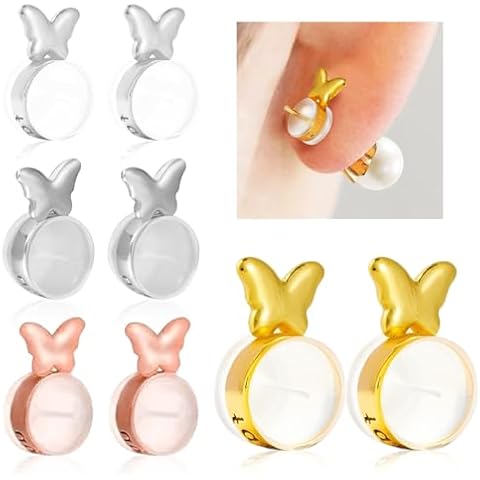 Honicemar Butterfly Shape Earring Backs - 4 Pairs Metal Copper Silicone Earring Stoppers Earring Stabilizer Earring Lifter Suitable Cover