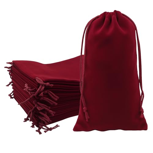 Mandala Crafts 7x15 Maroon Velvet Drawstring Bags for Wine Bottle