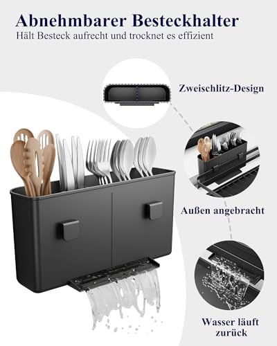 Foto von Kitsure Abtropfgestell Geschirr mit Besteckhalter,40 x 30,5 x 14 cm,Schwarz