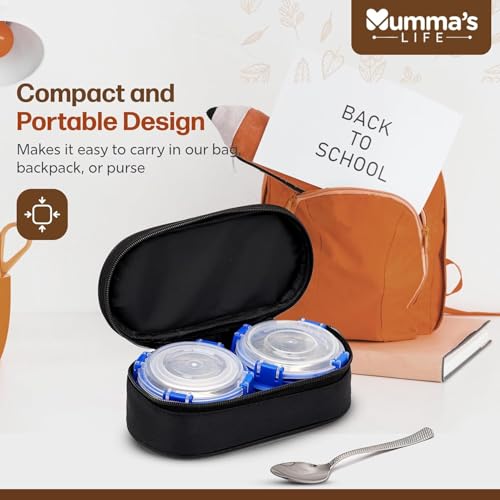 Image of Mumma's LIFE Stainless Steel Lunch Box with 3 Leakproof Air-Tight Stainless Steel Round Containers and Cover Bag | Stainless Steel & Spill Proof Lunch Box (Foodie 350ml X 2)
