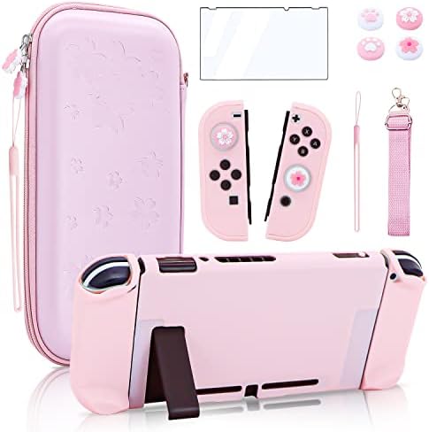 BRHE Carrying Case for Nintendo Switch Accessories Bundle for Switch Console with Dockable Hard Cover Pink Shall Screen Protector and Thumb Grip Caps