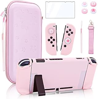 BRHE Carrying Case for Nintendo Switch Accessories Bundle for Switch Console with Dockable Hard Cover Pink Shall Screen Protector and Thumb Grip Caps