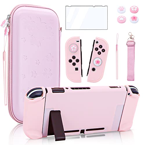 BRHE Tasche für Nintendo Switch Zubehör Bundle für Switch Console mit Andockbarer Hülle Rosa Case Schutzfolie und Daumengriffe Cover
