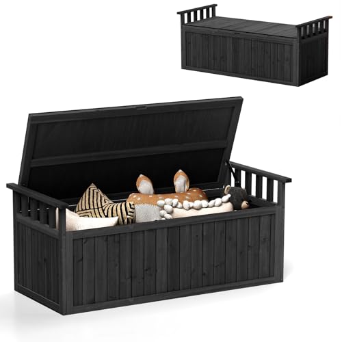 HOMASIS Cassapanca da Esterno Impermeabile 209L, Baule da Esterno in Legno con Coperchio e Braccioli, Panca Contenitore Resistente alle Intemperie per Balcone, Terrazzo, 128 x 58 x 53 cm (Nero)