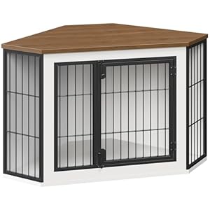 HOOBRO Corner Dog Crate Furniture, Decorative Dog Kennel End Table, Farmhouse Dog Crate TV Stand for Small and Medium Dogs, Walnut, White and Black BWH90GW03