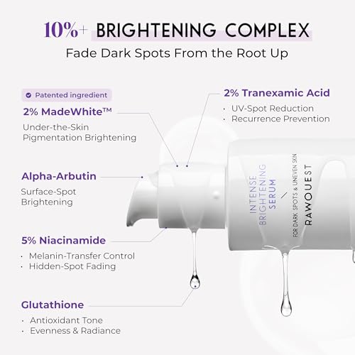 RAWQUEST Intense Brightening Serum 50 ml – 5% Niacinamide, 2% Tranexamic Acid, 2% MadeWhite, Alpha-Arbutin for Dark Spot Reduction, Brightening Radiant Glow Boost, Dull Uneven Skin Improvement, Hydration