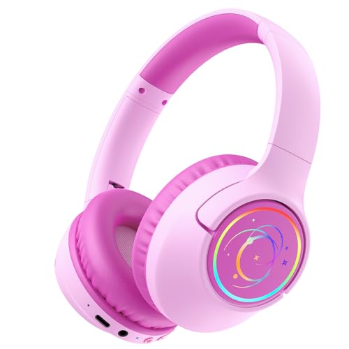 Image of Kids Bluetooth Headphones, 85H Playtime Wireless Headphones for Kids, Colorful LED Lights, 85 /94dB Safe Volume Limit, Bluetooth 5.4 Built-in Mic Toddler Headset for Tablet /Airplane (Fuscia Pink)